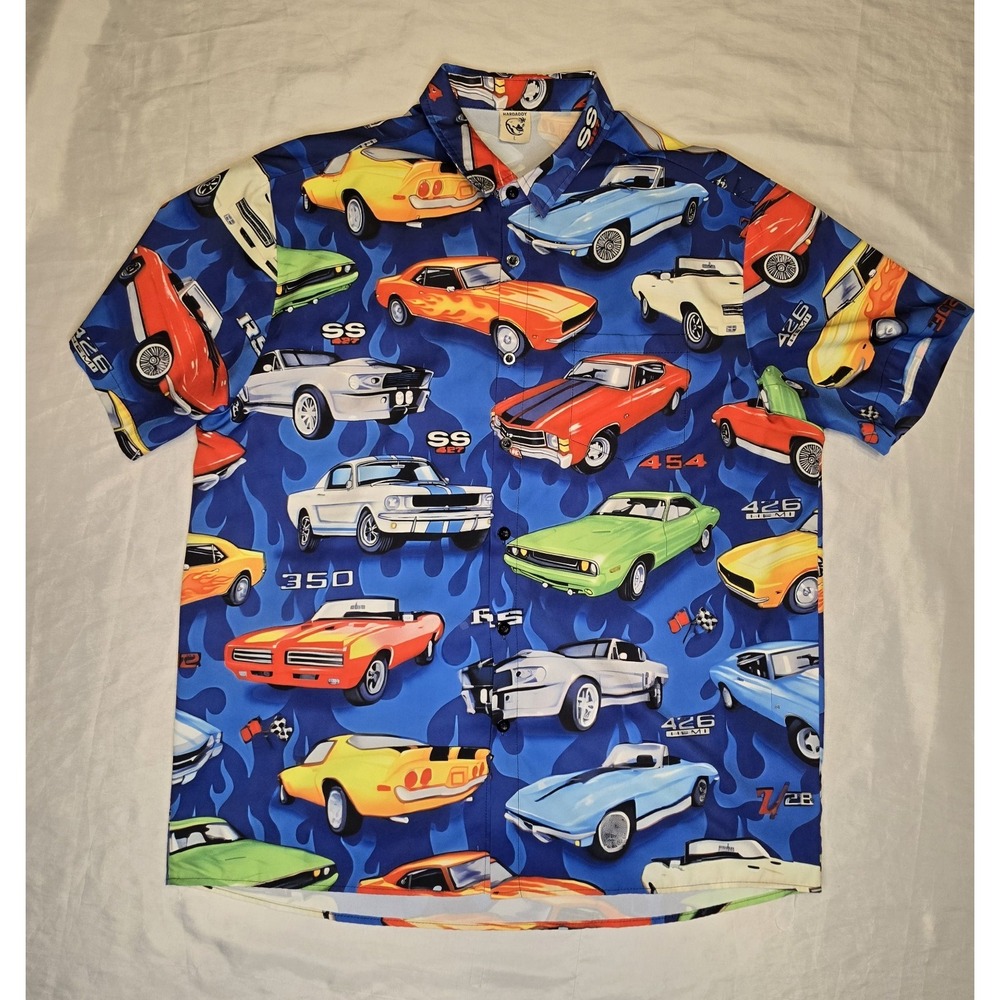 Hardaddy Colorful Car Print Button Up Short Sleeve‎ Short Mens Large Auto Race